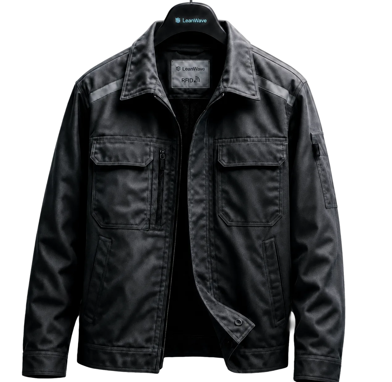 A dark workwear jacket on a hanger