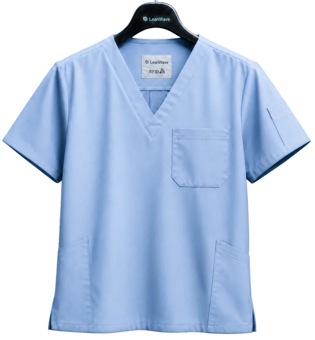 A scrub top on a hanger