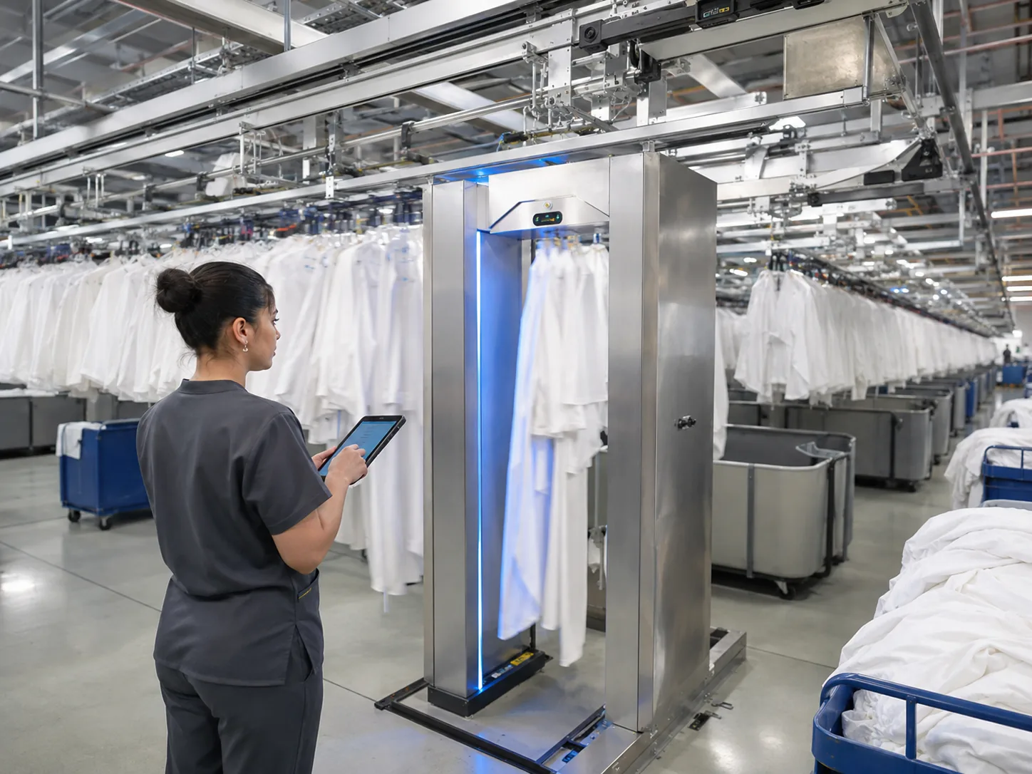 A laundry employee checks a tablet beside an RFID reading portal that garments pass through on a conveyor