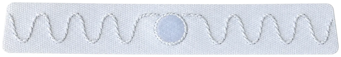 A white Saphire One textile tag with a white stitched antenna